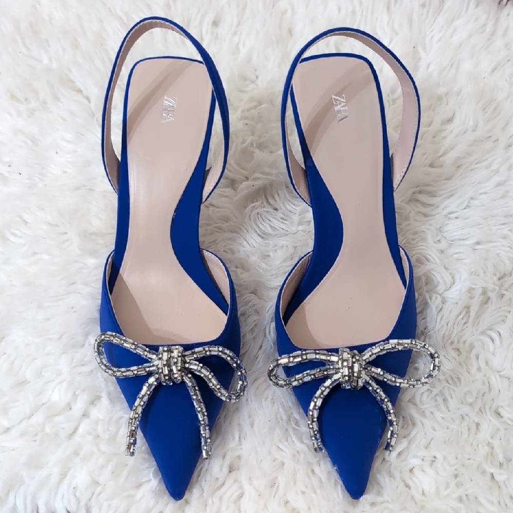 Zara Women's Royal Blue Slingback Heels with Embellished Bow